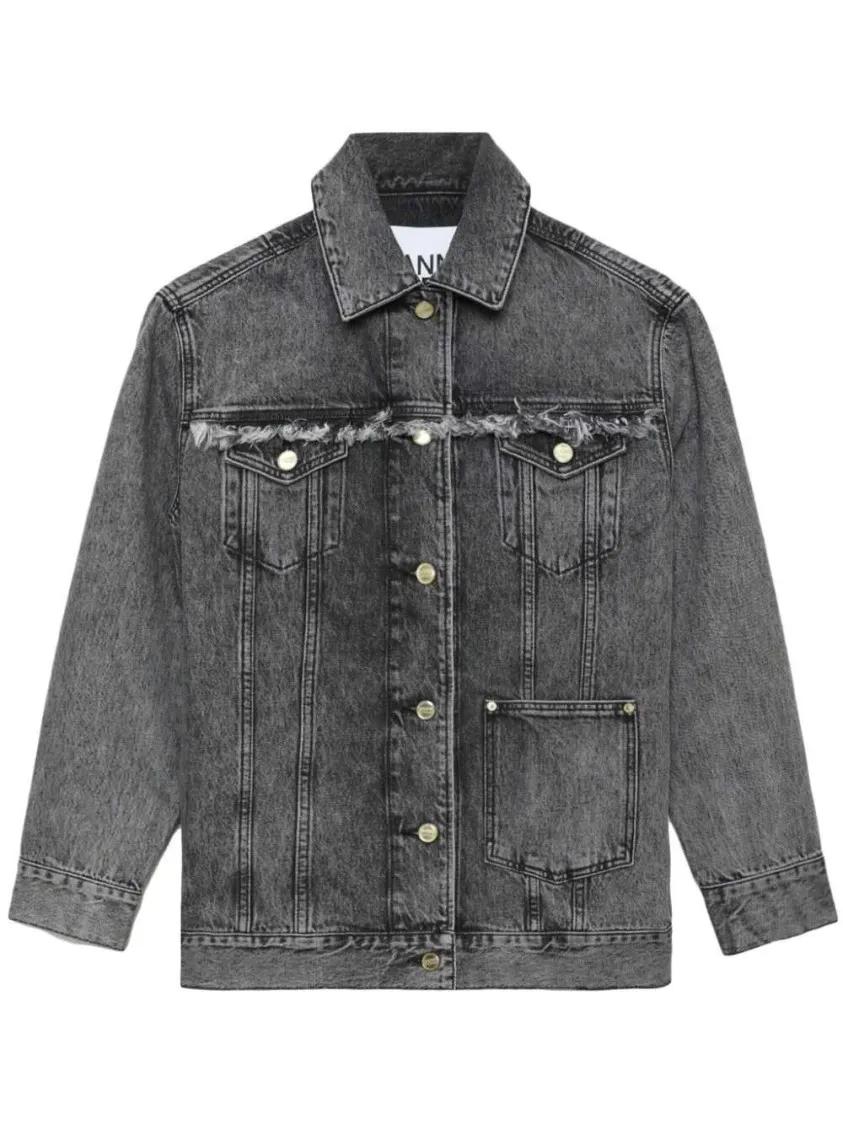 Thumbnail - GANNI - Frayed-Detail Washed Jacket - Größe XXS - grau