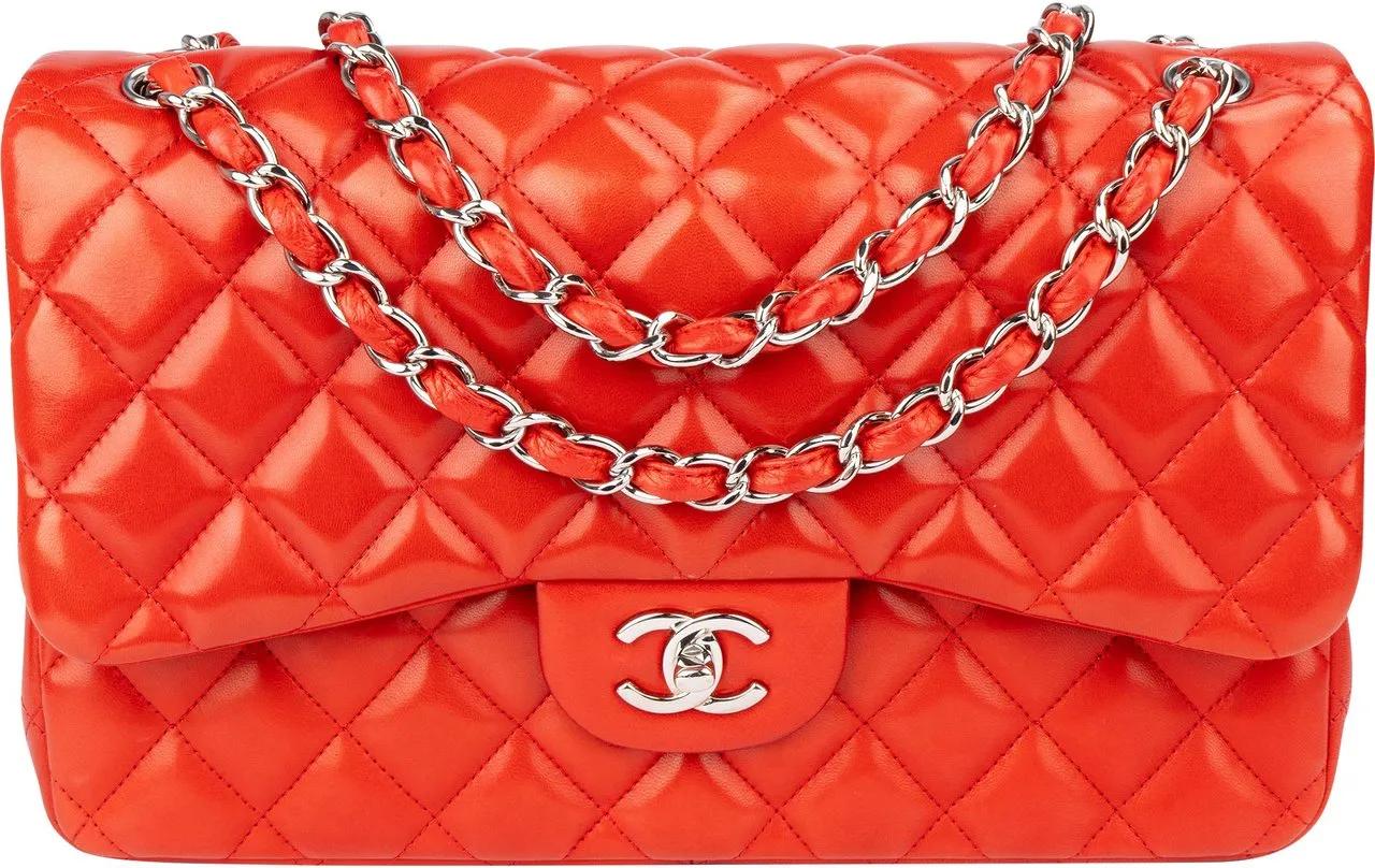 Chanel Crossbody Bags - Chanel Quilted Lambskin Palladium Jumbo Double Fla - Gr. unisize - in Rot - für Damen