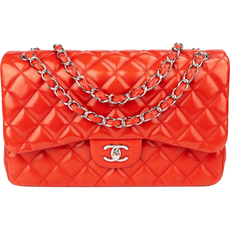 Chanel Sac à bandoulière Chanel Quilted Lambskin Palladium Jumbo Double Fla rot