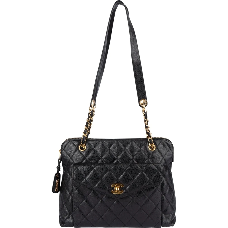Chanel Tote Chanel Quilted Caviar Leather 24K Gold Shoulder Ba schwarz