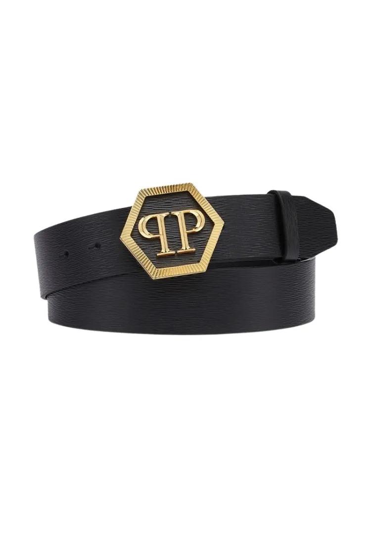 Philipp Plein Gürtel - Hexagon Tonal Gold Logo Buckle Belt - Gr. 95 - in Schwarz - für Damen