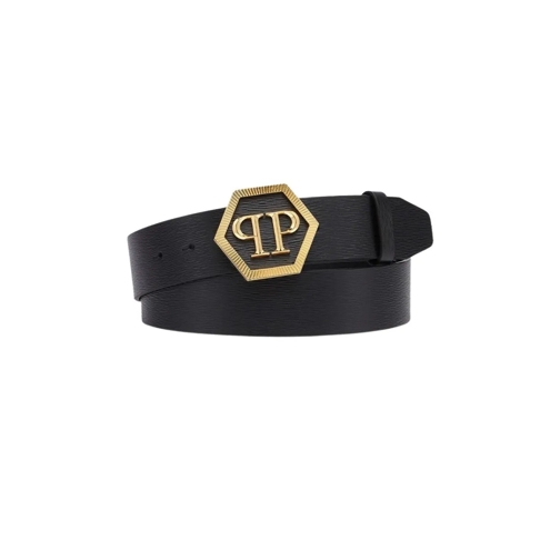 Philipp Plein Gürtel Hexagon Tonal Gold Logo Buckle Belt Black