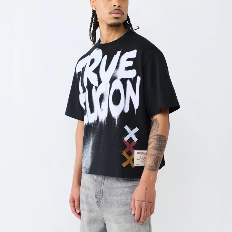 True Religion T-Shirt - Boxy T-Shirt- Rundhalsausschnitt- Markante Log schwarz(Image 3)