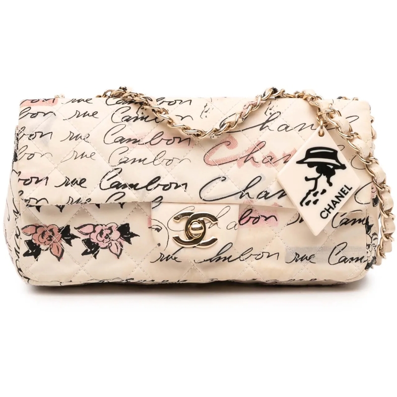 Chanel Sac à bandoulière Small Quilted Nylon Printed Rue Cambon Flap weiß