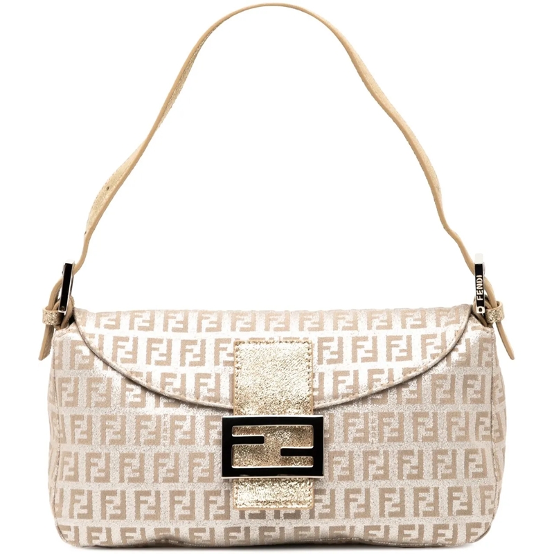 Fendi Schultertasche Zucchino Metallic Canvas Double Flap Shoulder Bag silber