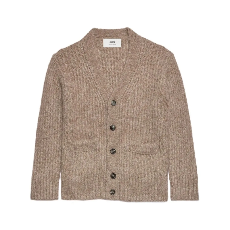 AMI Paris Vest V-Neck Rib-Knit Cardigan In Soft Alpaca Blend Pink