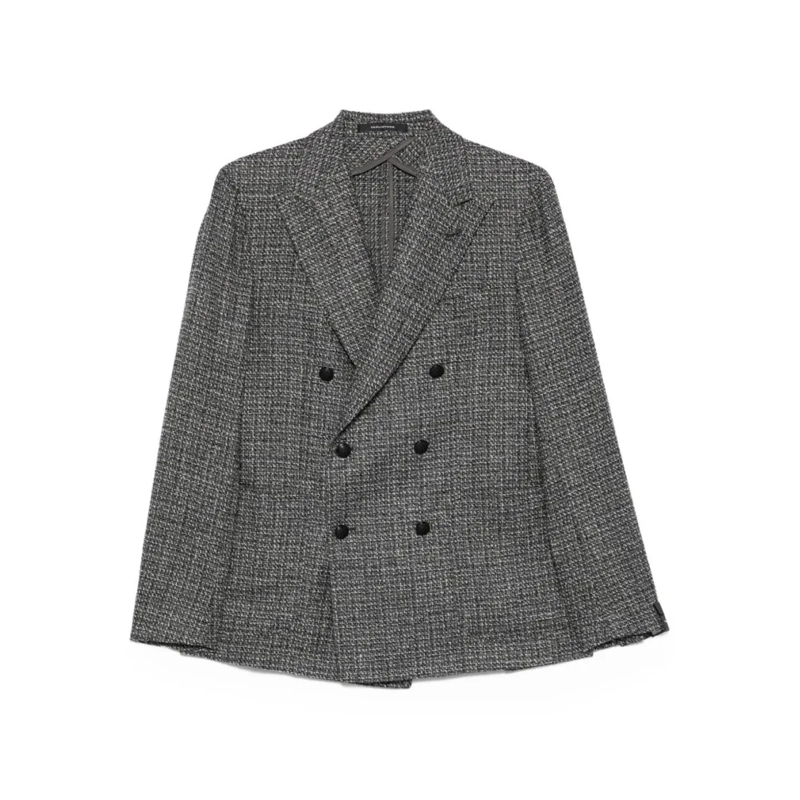 Tagliatore Blazer Textured Double-Breasted Wool Blend Blazer Grey