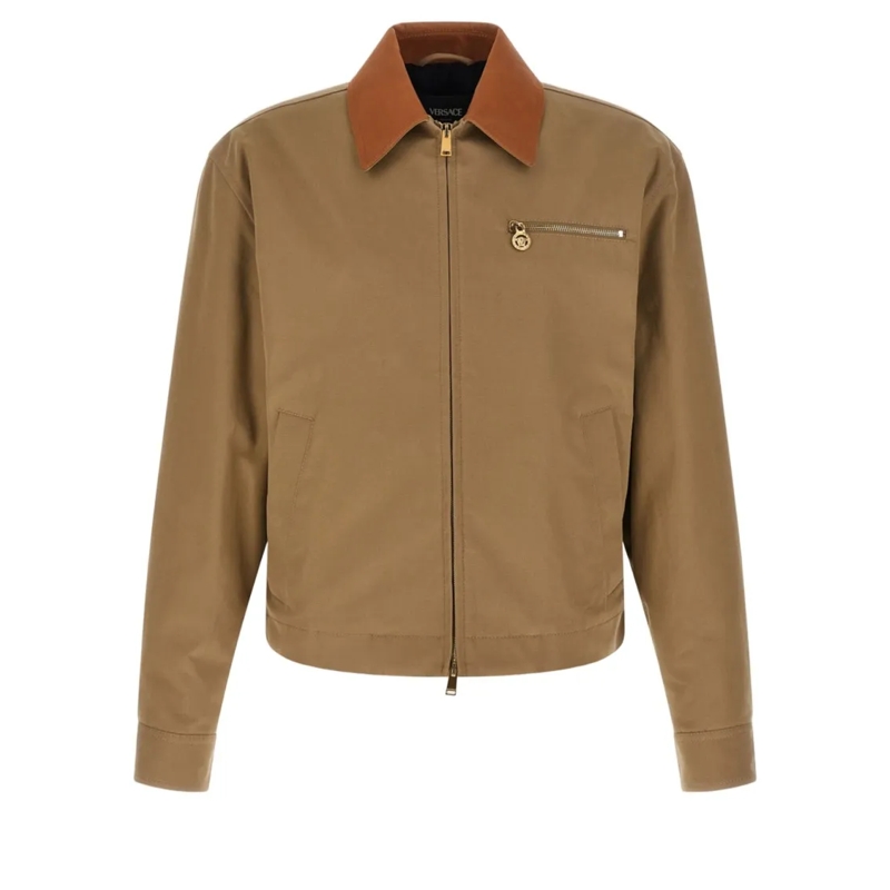 Versace  Cotton Canvas Jacket With Leather-Lined Collar Brown