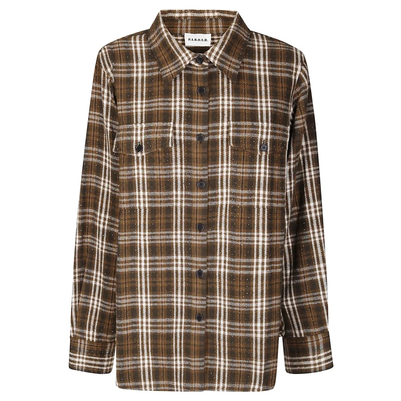 P.A.R.O.S.H. Chemise Checked Cotton Shirt With Rhinestone Embellishment Brown