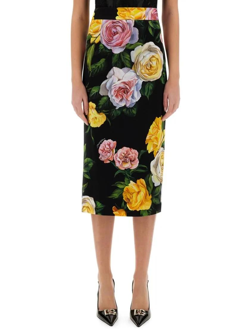 Thumbnail - Dolce&Gabbana - Peony And Rose Print Charmeuse Longuette Skirt - Größe 42 - multi