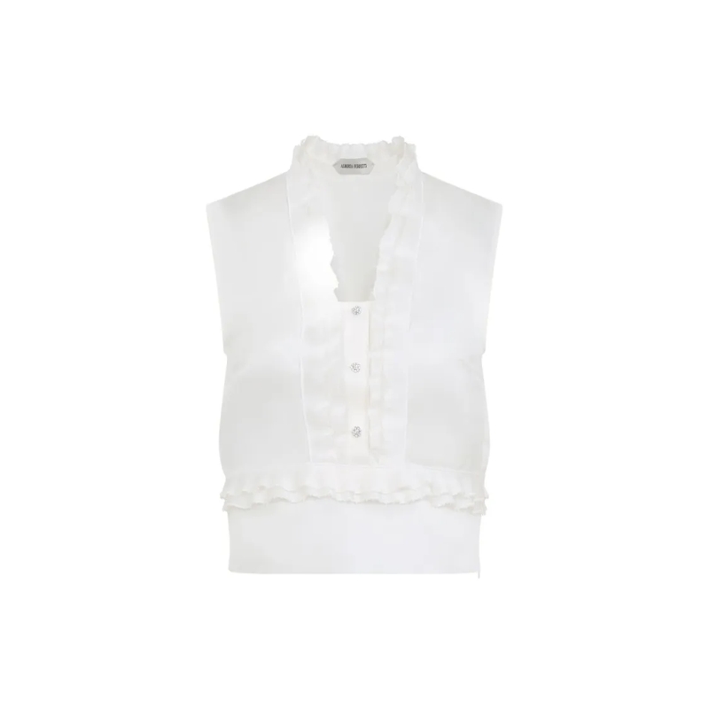 Alberta Ferretti Chemisier Sleeveless Silk Top With Ruffled V-Neckline And Bu White