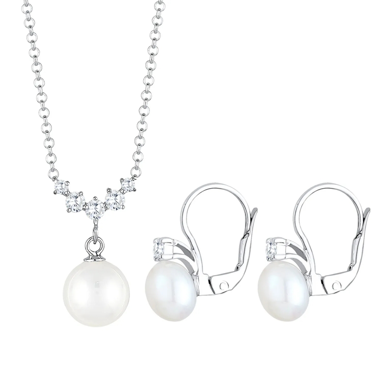 Elli Mittellange Halskette Schmuckset Klassisch Zirkonia Muschelkernperle 925 silber(Image 4)
