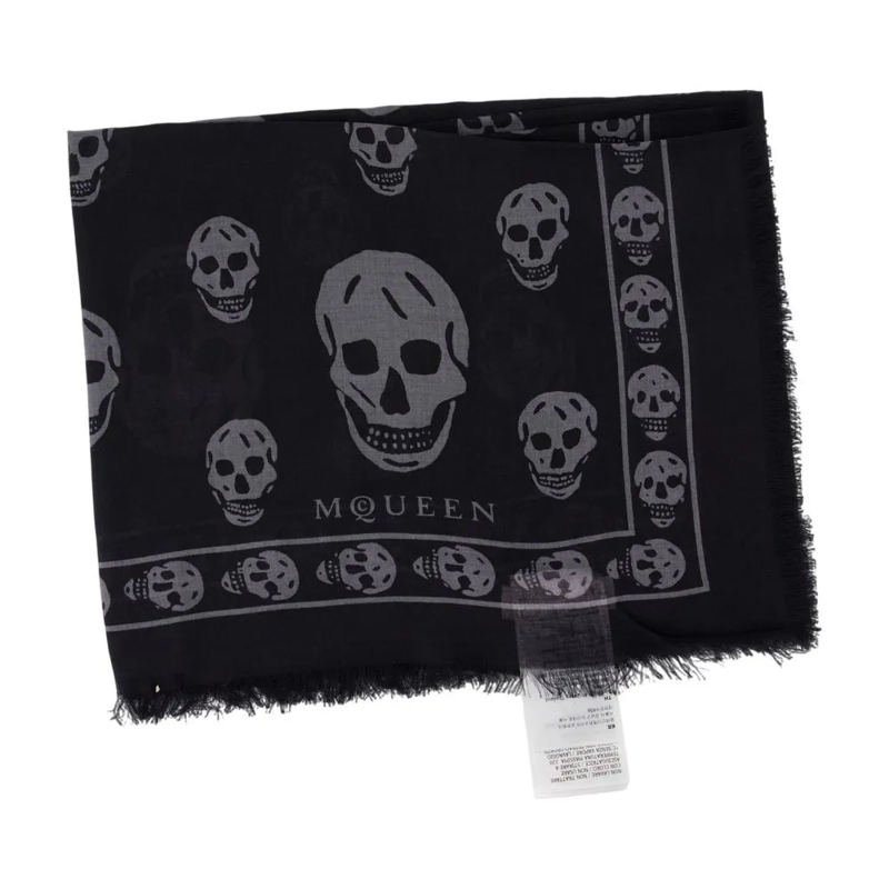 Alexander McQueen Lichtgewicht Sjaal Skull Motif Black Wool Scarf Black