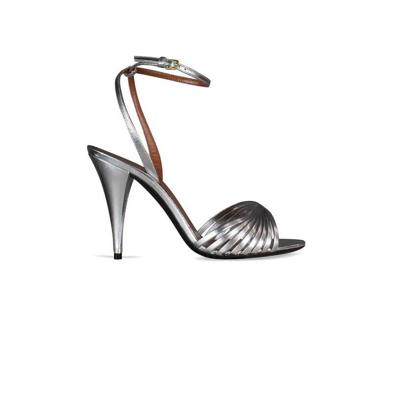 Saint Laurent Sandalen Silver Metallic Leather Sandals With Overlapping S Grey