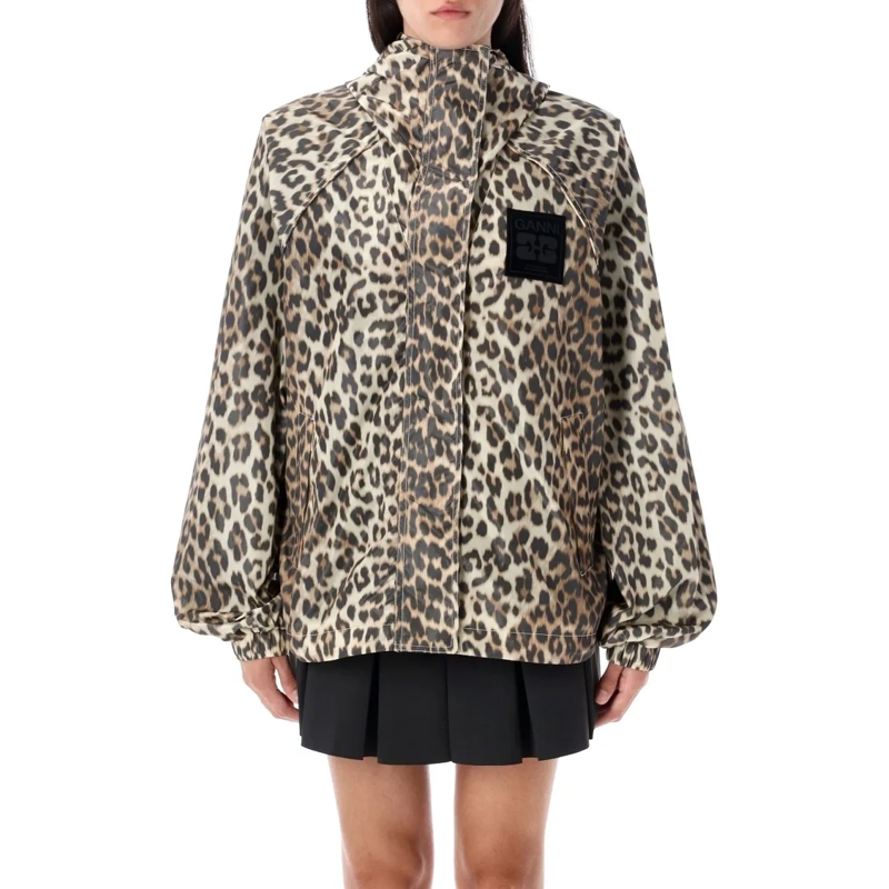 GANNI  Leopard Print Nylon Jacket Brown