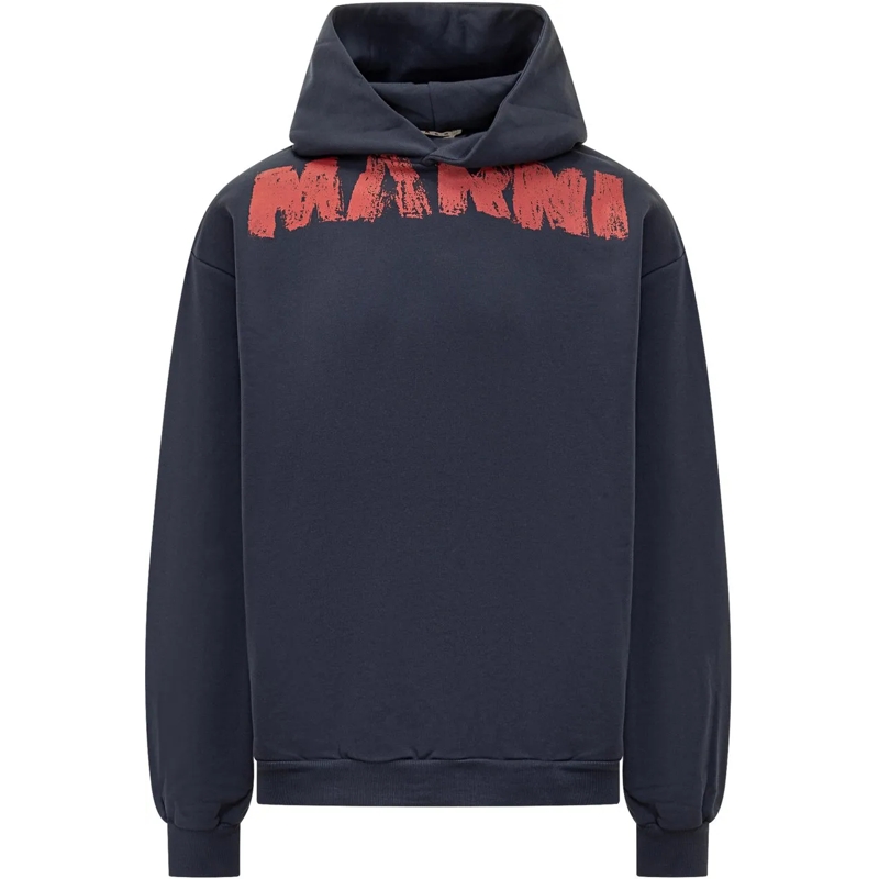 Marni  Felpa con Cappuccio e Logo Rosso Marni dunkelblau