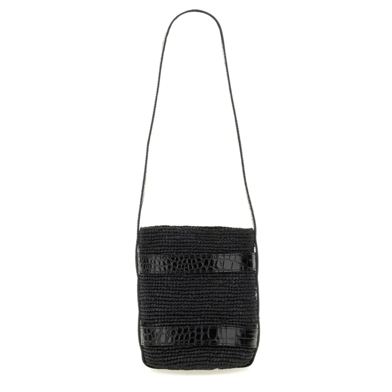 Manebi Sac à bandoulière Textured Raffia Bucket Bag With Glossy Accents Black