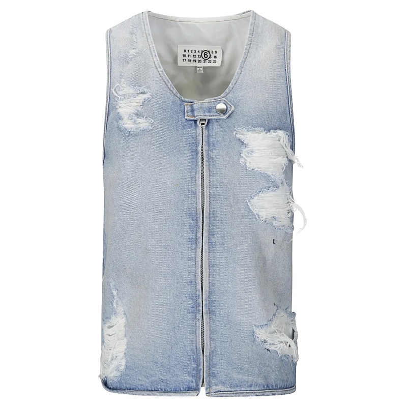MM6 Maison Margiela Top Sleeveless Front-Zip Top In Distressed Denim Blue