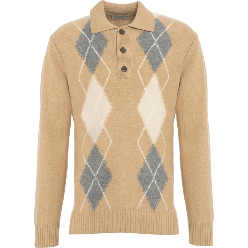Paolo Pecora Polo Knit polo with argyle pattern beige