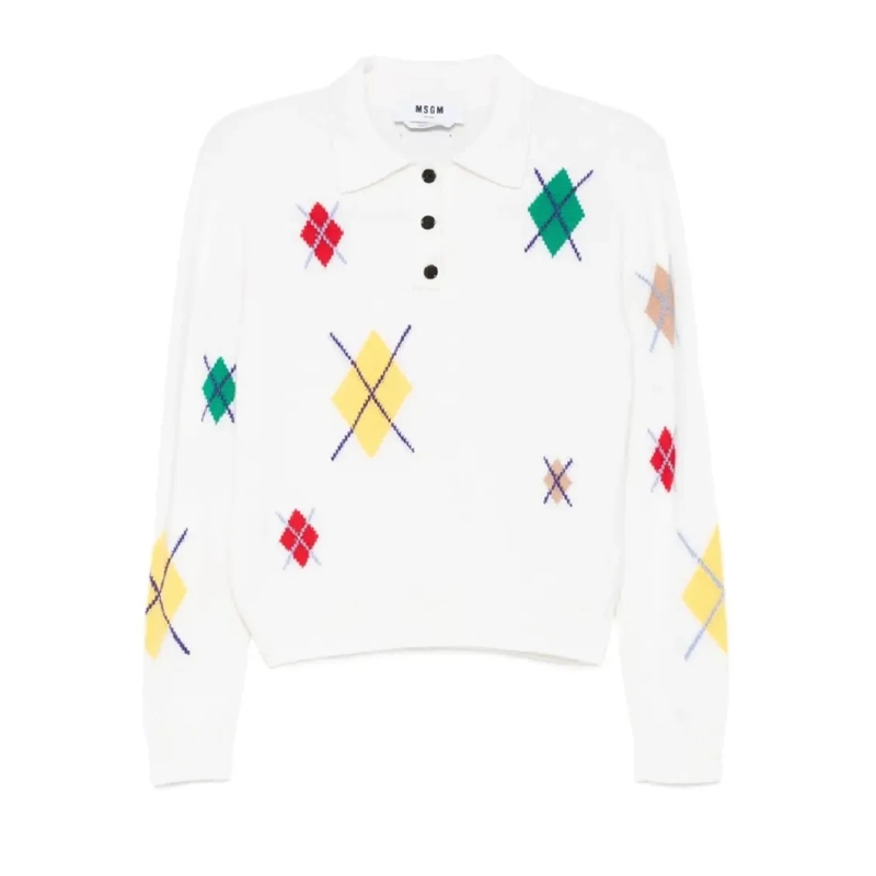 MSGM Trui Cropped White Sweater With Colorful Argyle Pattern White