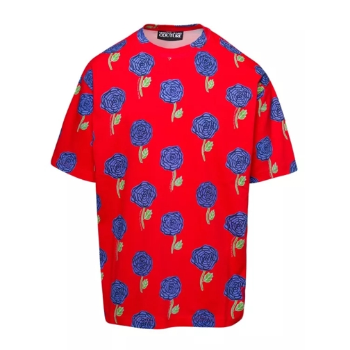 Versace Jeans Couture Red Crewneck T-Shirt With All-Over Floral Print In Red 