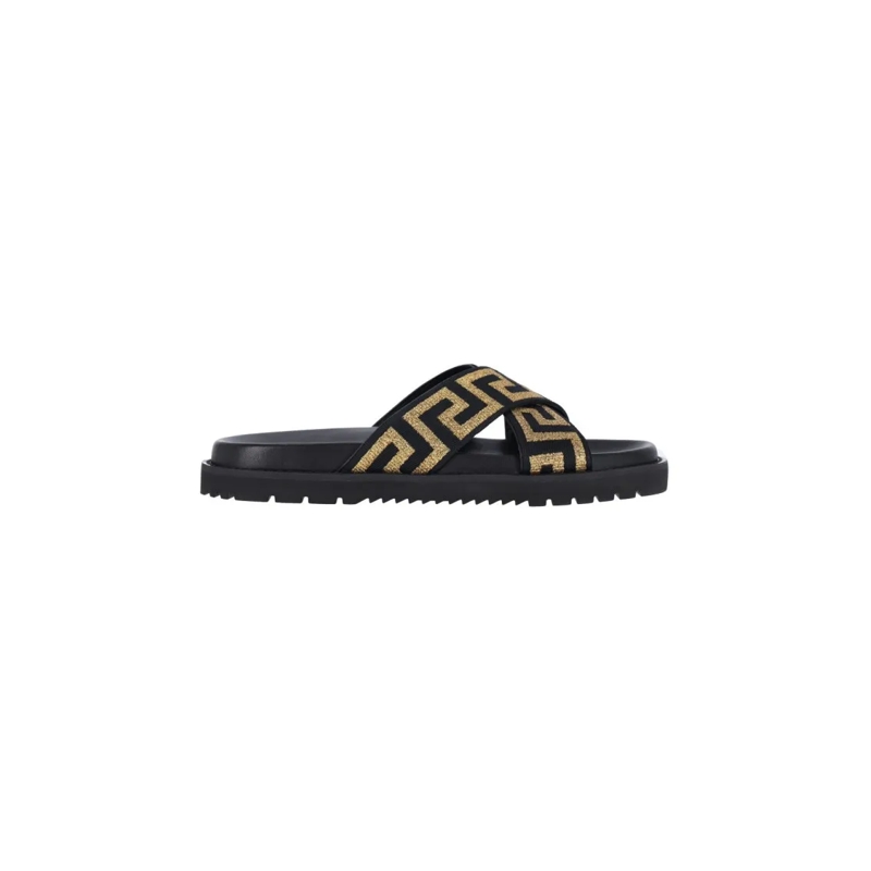 Versace Loafer Cross-Strap Slip-On Sandals With Gold Greca Motif Black