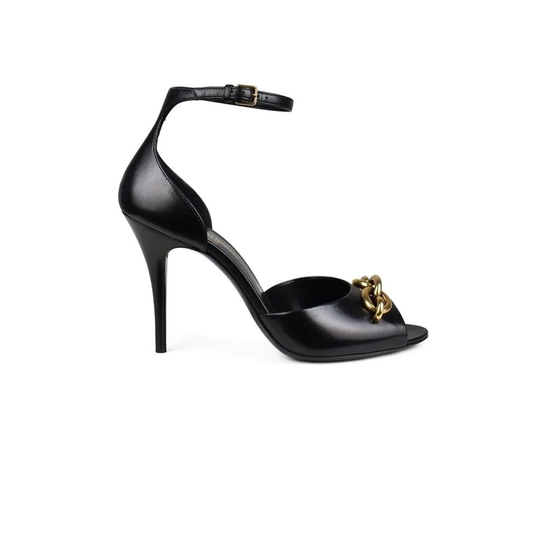 Saint Laurent Sandalen Black Leather Sandals With Golden Chain Accents Black