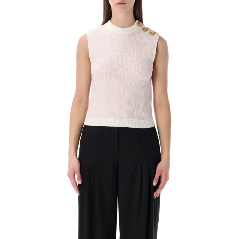 Balmain Chemisier Tweed Crop Top With Buttons Black