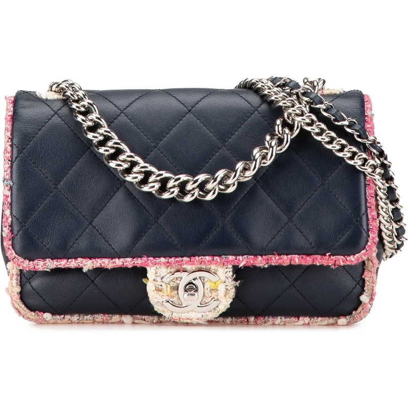 Chanel Sac à bandoulière Quilted Lambskin and Tweed Elegant Trim Flap blau