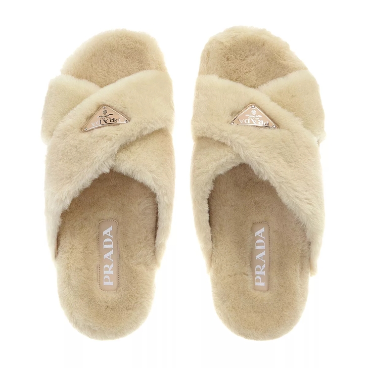 Prada Logo Flat Sandals Shearling Ecru Slide