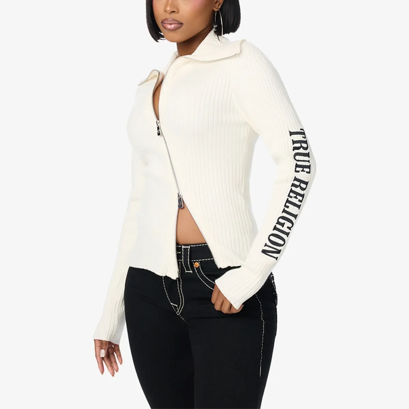 True Religion Strickjacke Sweater ZIP- Langarm- Ripp-Optik- Enganliegend offwhite(Image 3)