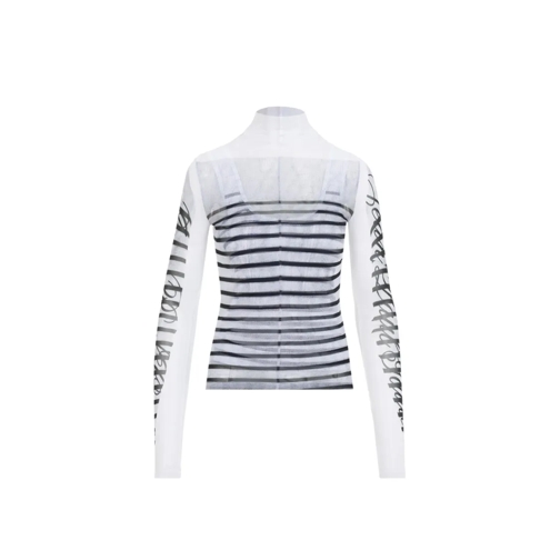 Jean Paul Gaultier Langärmelige Oberteile Spandex Mesh Printed Feathers Mariniere Top White