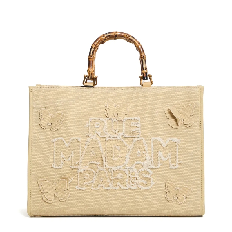 Rue Madame Fourre-tout Canvas Tote With Embroidered Butterflies Neutrals