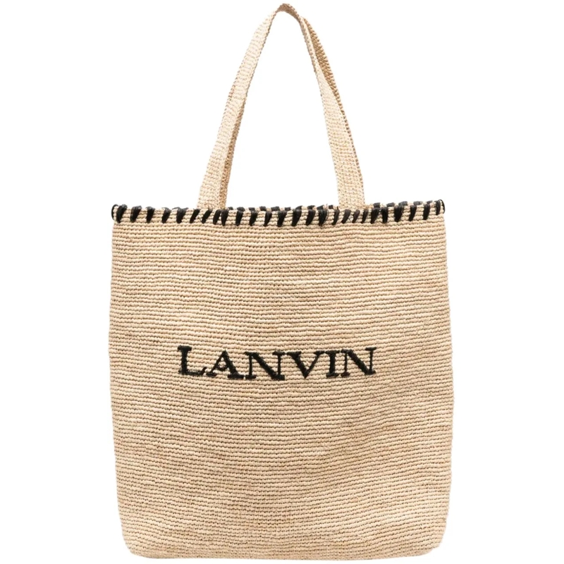 Lanvin Tote Embroidered Logo Raffia Tote Bag beige