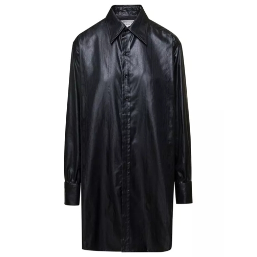 Maison Margiela Long Black Shirt With Classic Collar In Faux Leath Black 