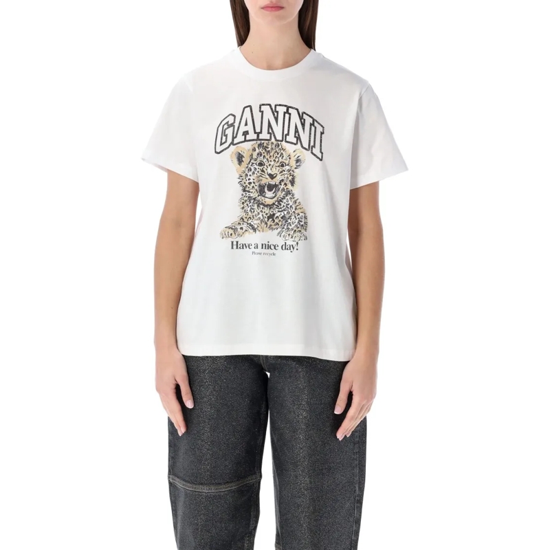 GANNI T-shirt Playful Leopard Graphic T-Shirt With Bold Detailin White