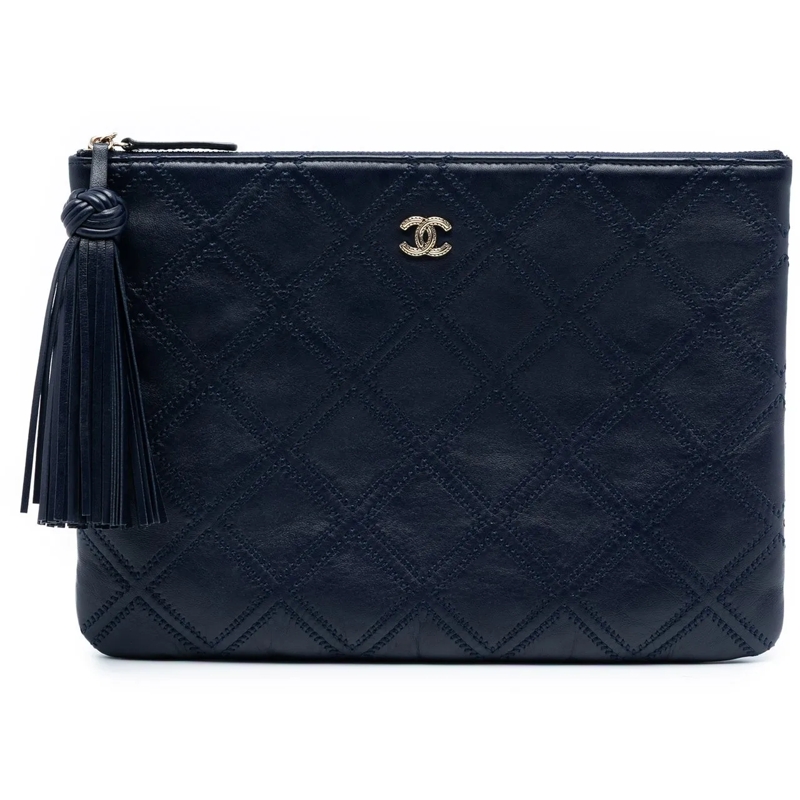 Chanel Clutch Medium Quilted Lambskin Double Stitch Tassel O Cas blau