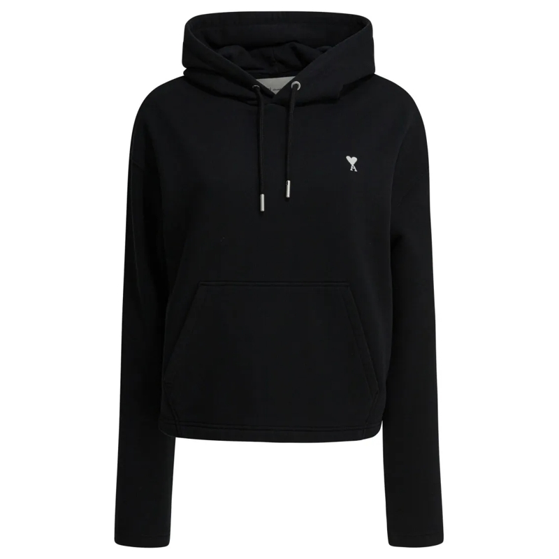 AMI Paris  Cropped Hooded Black Sweatshirt With Kangaroo Pock Black