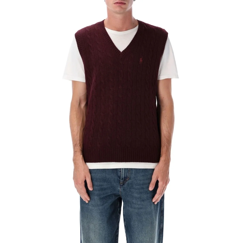 Polo Ralph Lauren Pullover Polo Cable-Knit Cashmere Sleeveless Jumper With V- Burgundy