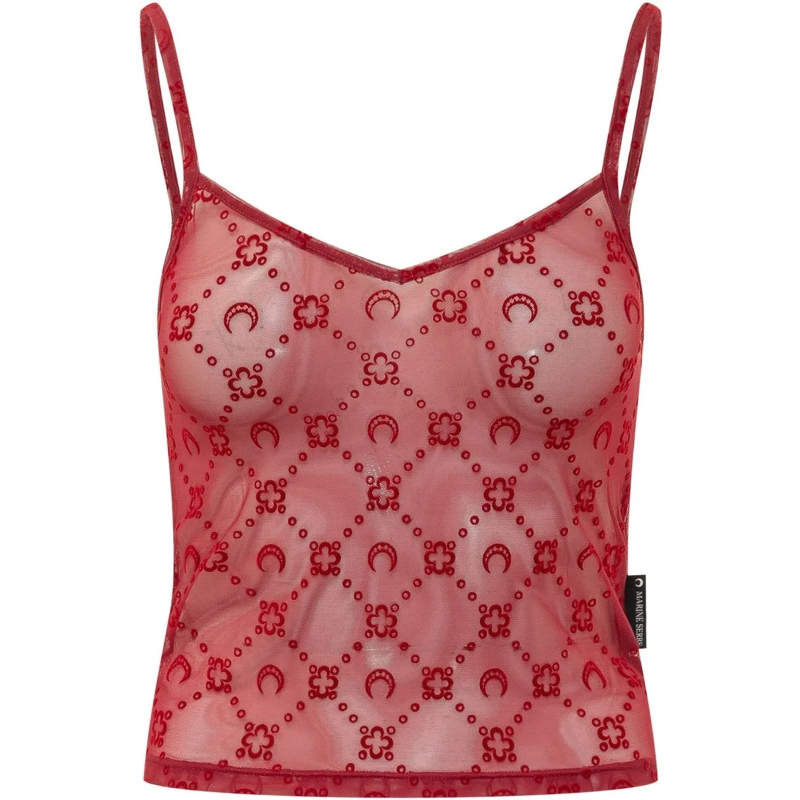 Marine Serre Top Top con Spalline in Tulle Moonogram rot