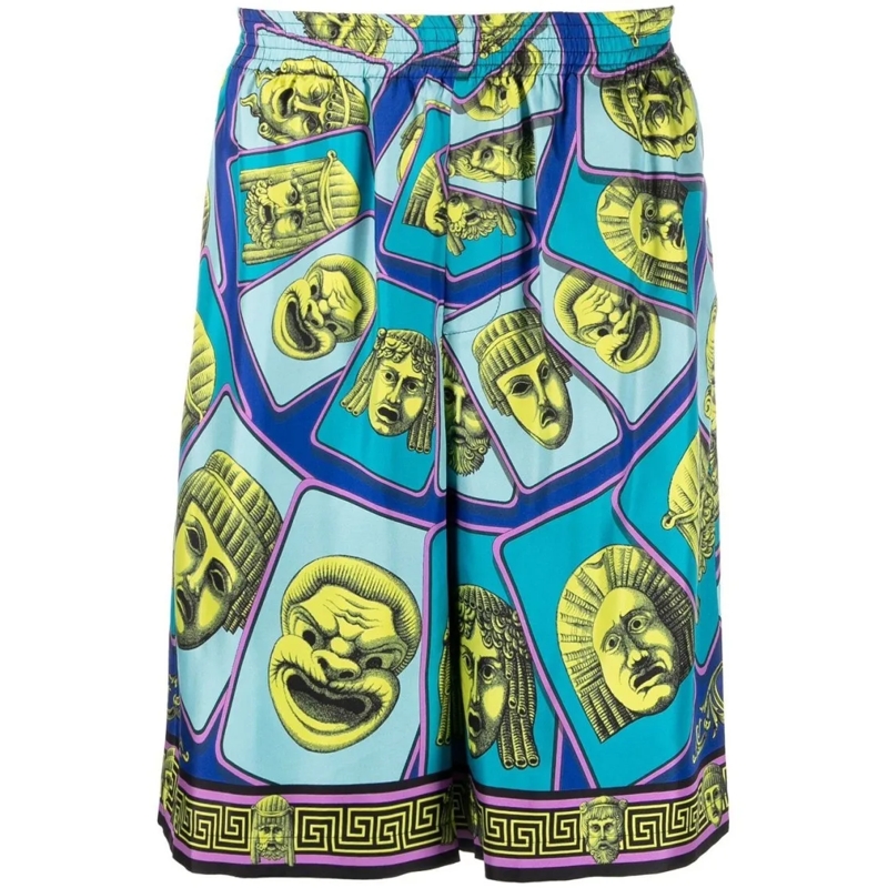 Versace Casual Shorts Le Maschere Print Silk Shorts Blue
