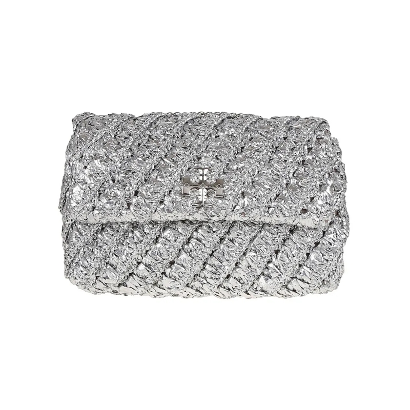 Tory Burch Schoudertas Metallic Shoulder Bag With Textured Woven Design Silver