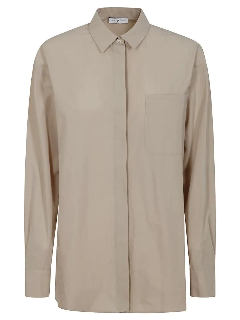 Thumbnail - Pt Torino - Classic Button-Down Shirt With Chest Pocket - Größe 38 - beige