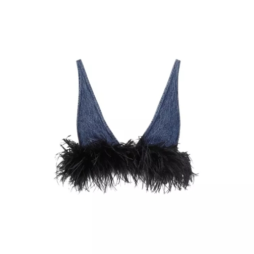 Miu Miu Blue And Black Cotton Top With Feathers Blue 