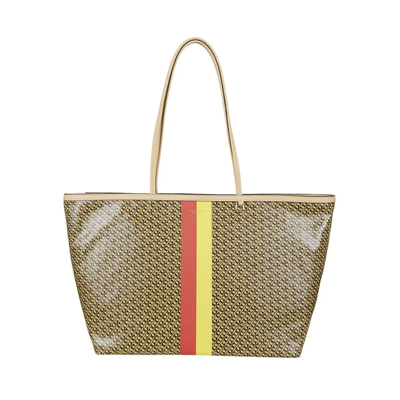 Tory Burch Fourre-tout Textured Shopper Bag With Glossy Finish And Stripe Neutrals