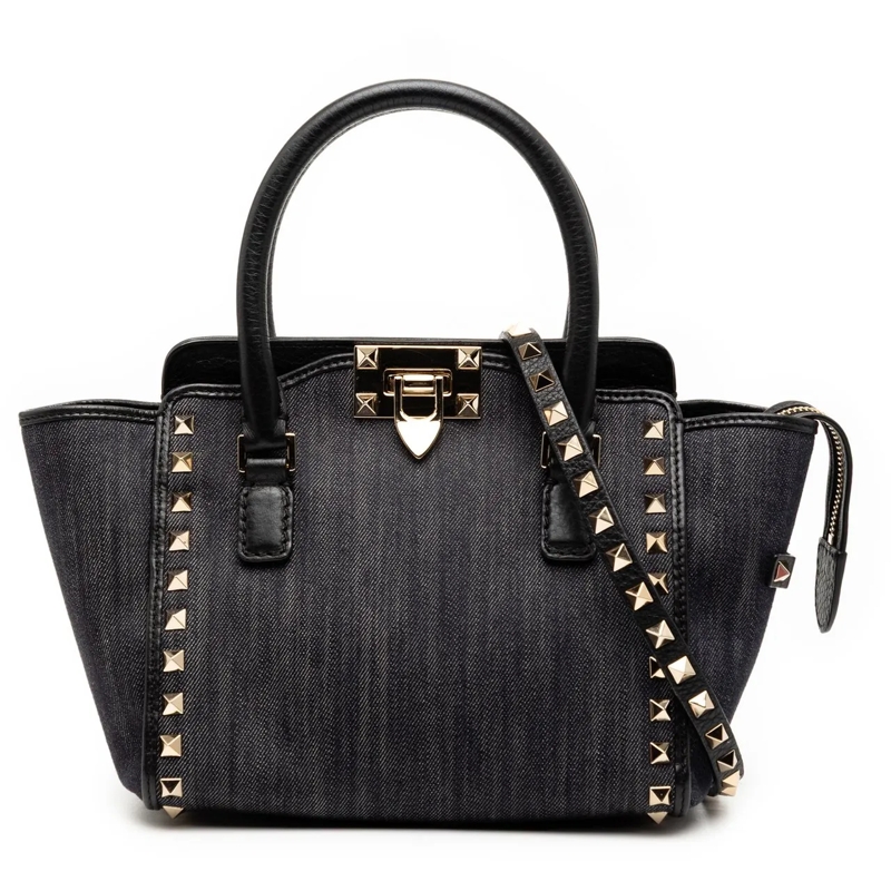 Valentino Garavani Schultertasche Small Denim Rockstud Trapeze Satchel schwarz