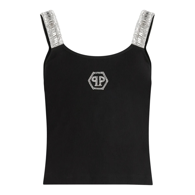Philipp Plein Top Rib Tank Top Strass Hexagon schwarz