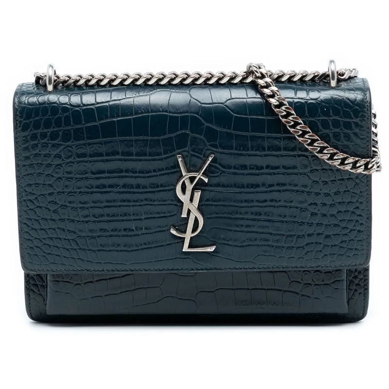Saint Laurent Schultertasche Medium Croc Embossed Calfskin Sunset Flap Crossbod blau