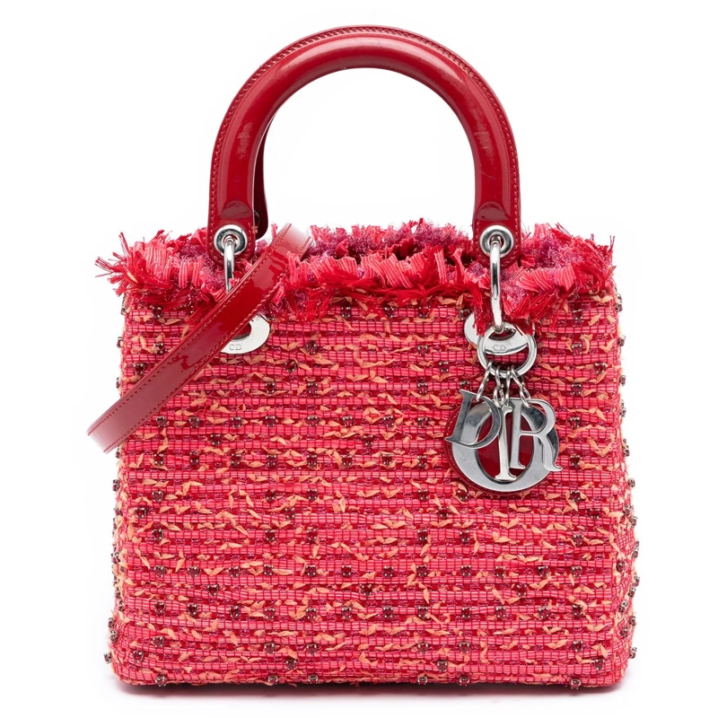 Christian Dior Schultertasche Medium Tweed Fringe Rhinestone Lady Dior rot