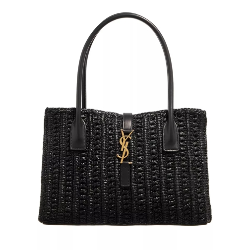 Saint Laurent Panier Rectangular In Raffia And Aged Leather Black Tote